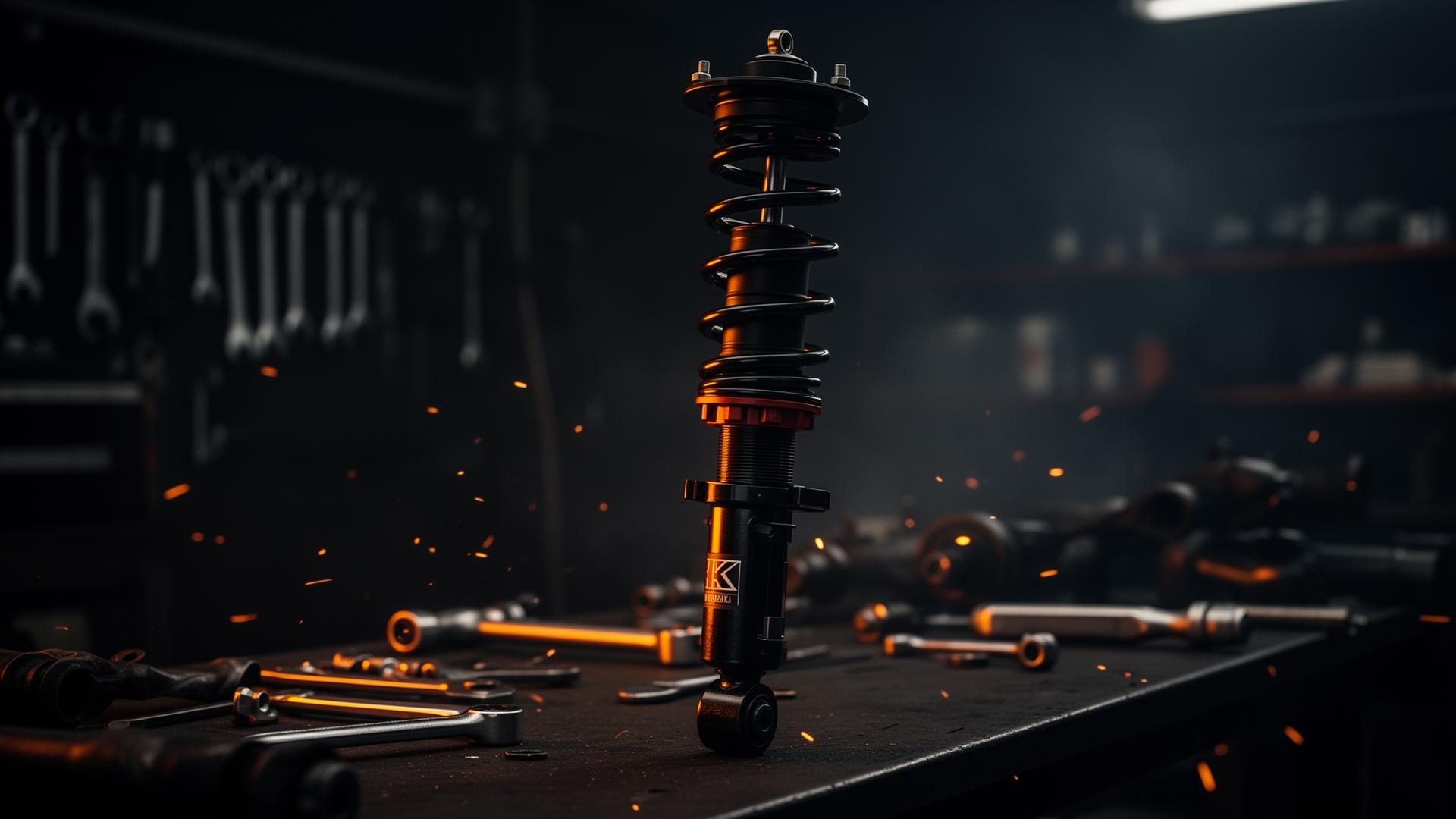 Assembled suspension strut on a workshop bench
